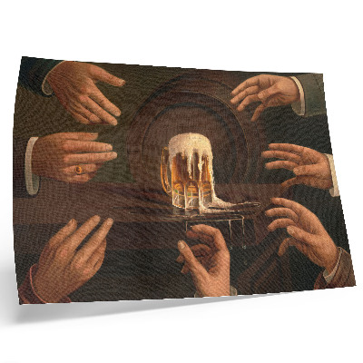 Poster para a sala Sete mãos masculinas em volta de uma caneca de cerveja.