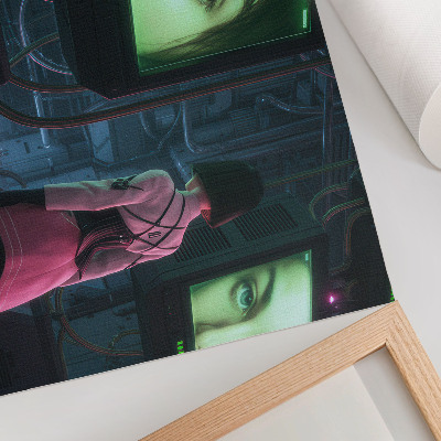 Poster em tela Interagindo com uma imagem digital de uma mulher.