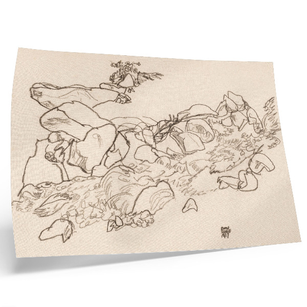 Poster mural Riacho da Montanha (1917) de Egon Schiele – desenho a traço da coleção do Museu MET