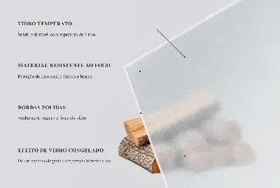 Placa de vidro temperado para lareira em formato semioval e acabamento semitransparente
