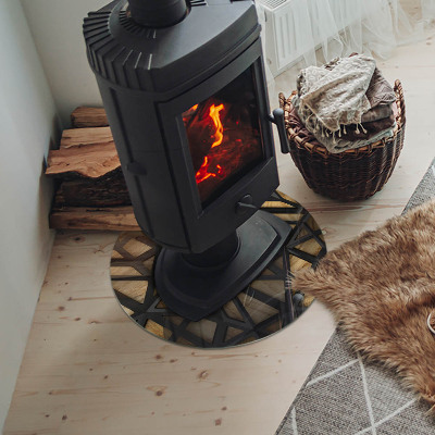 Base de vidro redonda para lareira Geometria com madeira