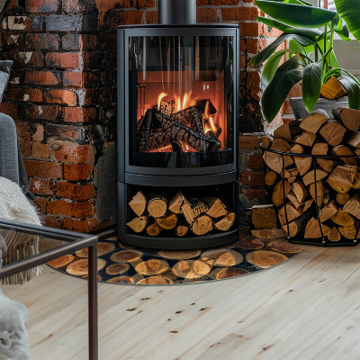 Base de vidro em quarto de círculo para lareira Caixa com madeira cortada