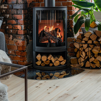 Base de vidro em quarto de círculo para lareira Folhas elegantes em textura