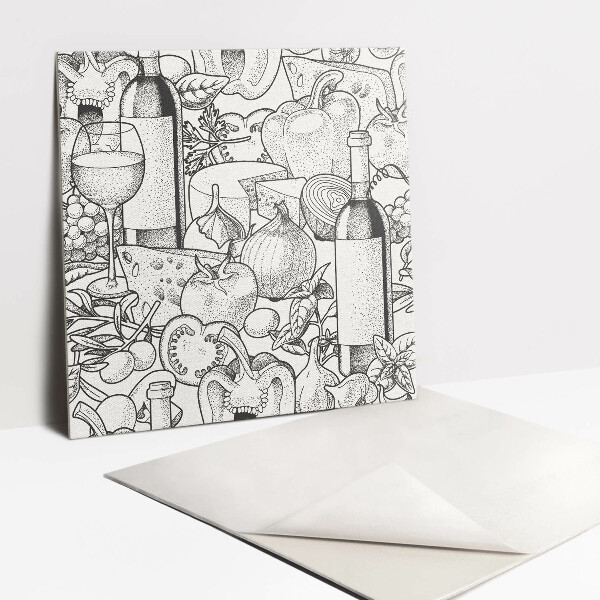 Piso vinilico Um motivo com uma garrafa de vinho e vegetais