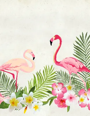 Estores de rolo em tecido Flamingos junto às folhas