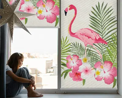 Estores de rolo em tecido Flamingos junto às folhas