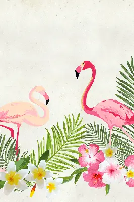 Estores de rolo em tecido Flamingos junto às folhas