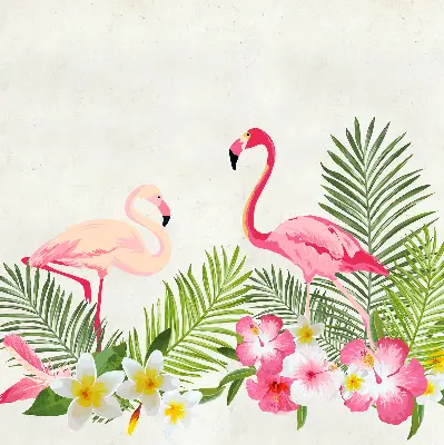 Estores de rolo em tecido Flamingos junto às folhas