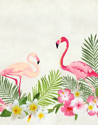 Estores de rolo em tecido Flamingos junto às folhas