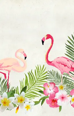 Estores de rolo em tecido Flamingos junto às folhas
