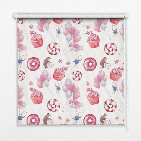 Estores de rolo interiores Balões cor-de-rosa, donuts e coelhinhos.
