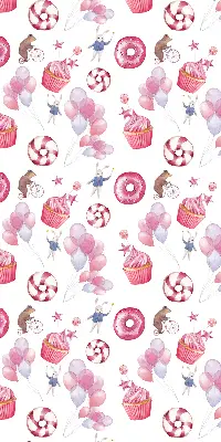 Estores de rolo interiores Balões cor-de-rosa, donuts e coelhinhos.