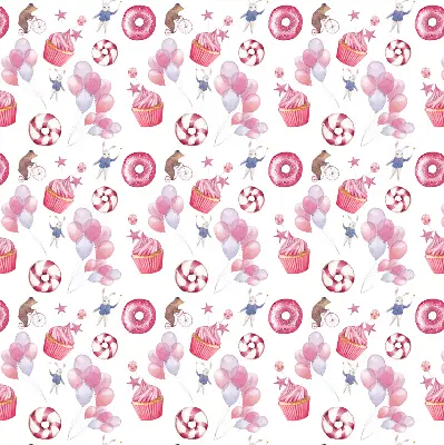 Estores de rolo interiores Balões cor-de-rosa, donuts e coelhinhos.