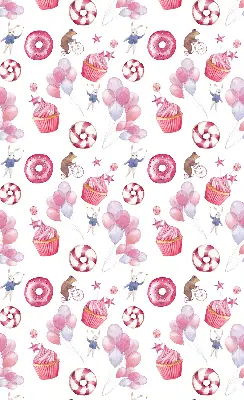 Estores de rolo interiores Balões cor-de-rosa, donuts e coelhinhos.