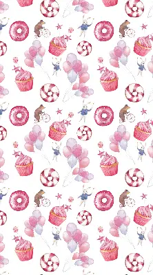 Estores de rolo interiores Balões cor-de-rosa, donuts e coelhinhos.