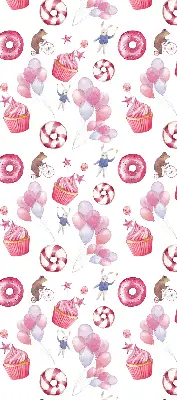 Estores de rolo interiores Balões cor-de-rosa, donuts e coelhinhos.