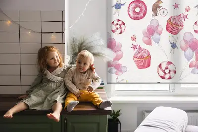 Estores de rolo interiores Balões cor-de-rosa, donuts e coelhinhos.