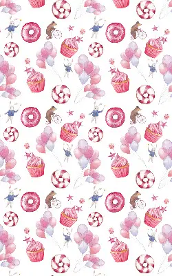 Estores de rolo interiores Balões cor-de-rosa, donuts e coelhinhos.