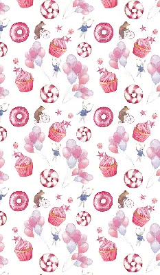 Estores de rolo interiores Balões cor-de-rosa, donuts e coelhinhos.