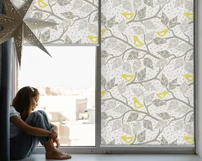 Estores de rolo para porta de varanda Pássaros amarelos em galhos cinzentos