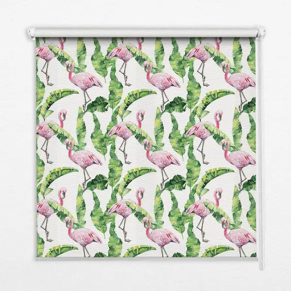 Estores de rolo para porta de varanda Flamingos junto às folhas