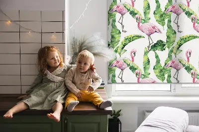 Estores de rolo para porta de varanda Flamingos junto às folhas
