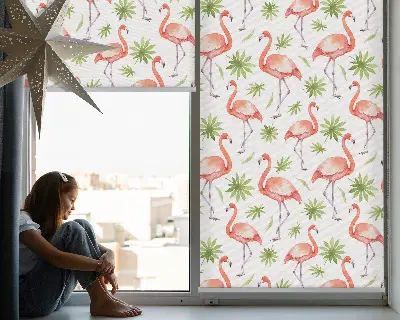 Estores de rolo em tecido Flamingo e folhas