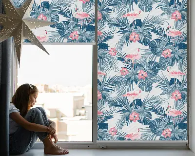 Estores de rolo para porta de varanda Plantas tropicais e flamingos