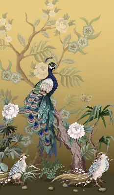 Estores de rolo para porta de varanda Pavão em uma árvore