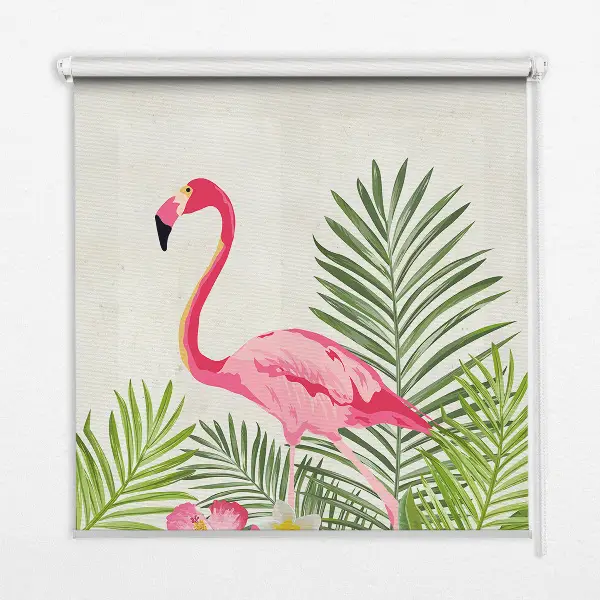 Estores de rolo em tecido blackout Flamingos junto às folhas