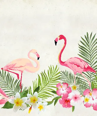 Estores de rolo em tecido blackout Flamingos junto às folhas