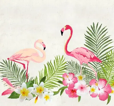 Estores de rolo em tecido blackout Flamingos junto às folhas