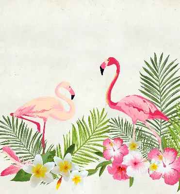 Estores de rolo em tecido blackout Flamingos junto às folhas