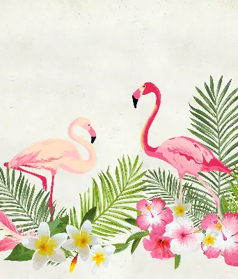 Estores de rolo em tecido blackout Flamingos junto às folhas