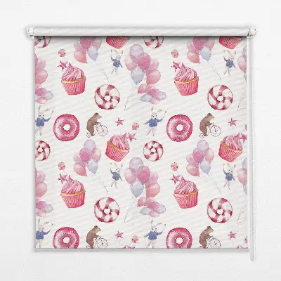 Estores de rolo interiores blackout Balões cor-de-rosa, donuts e coelhinhos.