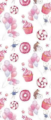 Estores de rolo interiores blackout Balões cor-de-rosa, donuts e coelhinhos.