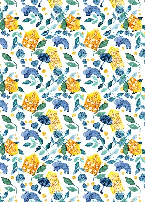 Estores de rolo blackout para porta de varanda Casas amarelas, plantas azuis