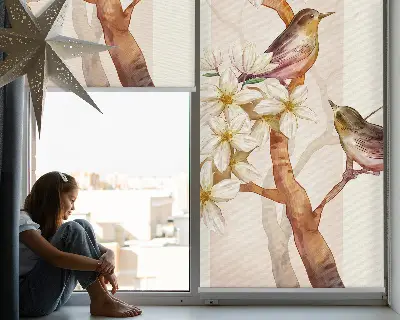 Estores de rolo blackout para janela Pássaros em uma árvore com flores