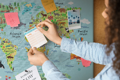 Quadro de aviso de cortiça Mapa de desenho animado