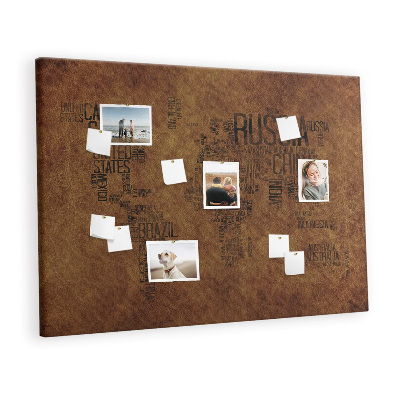 Quadro de aviso de cortiça Mapa de nomes de países