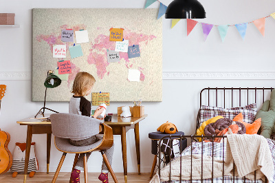 Quadro de aviso de cortiça Mapa-múndi em aquarela