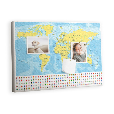 Quadro de aviso de cortiça Mapa do mundo e bandeiras