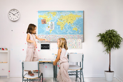 Quadro de aviso de cortiça Mapa do mundo e bandeiras