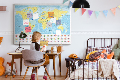 Quadro de aviso de cortiça Mapa do mundo e bandeiras