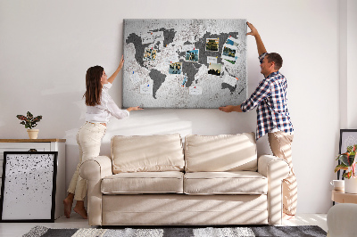 Quadro de aviso de cortiça Mapa-múndi de concreto