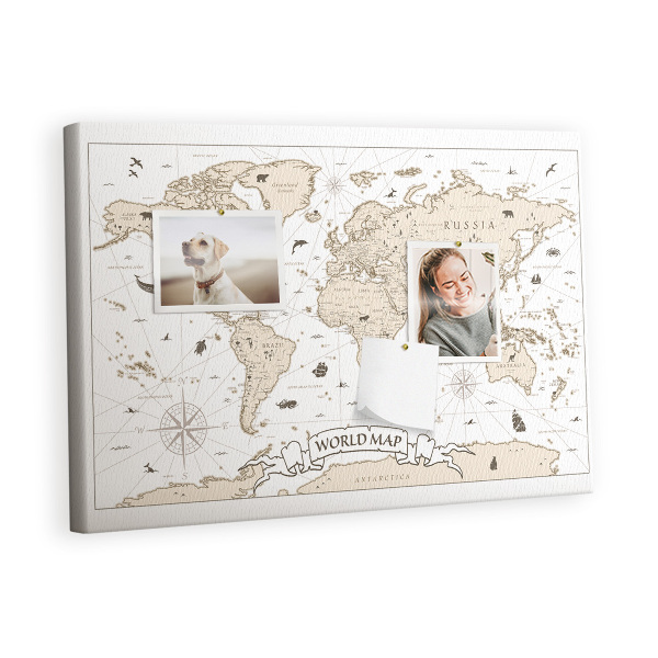 Quadro de aviso de cortiça Mapa-múndi vintage