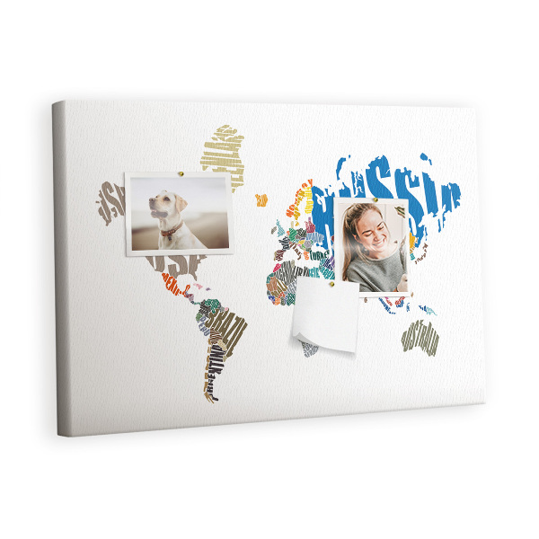 Quadro de aviso de cortiça Mapa de texto do mundo