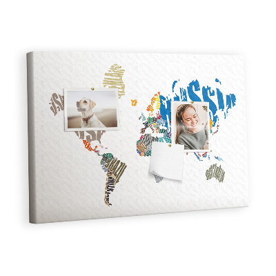 Quadro de aviso de cortiça Mapa de texto do mundo