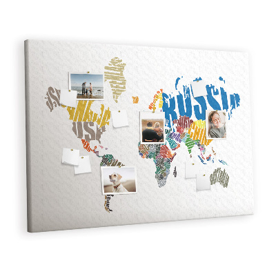 Quadro de aviso de cortiça Mapa de texto do mundo