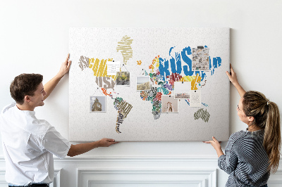 Quadro de aviso de cortiça Mapa de texto do mundo